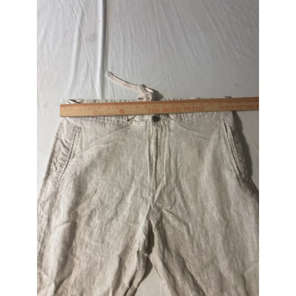 Linen Drawstring Pants Mens 37x31.5 Oatmeal Beige Straight Leg Coastal Excellent